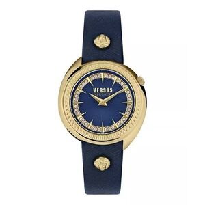 Versus Versace Tortona Lion Head Crystal Blue Dial Leather Watch 38mm Women's